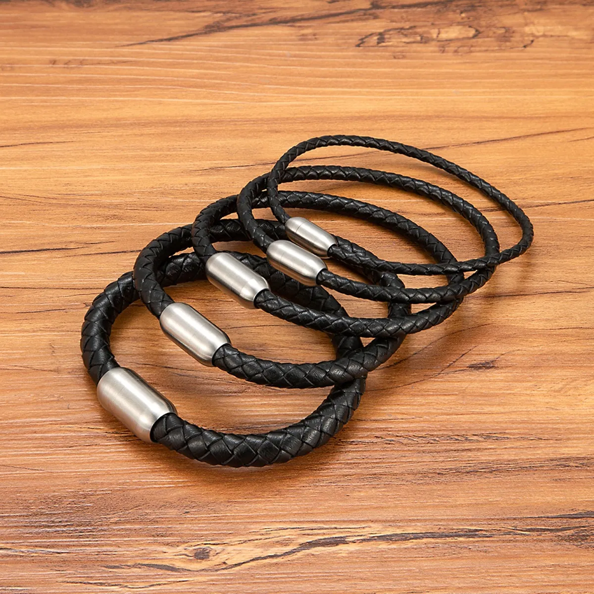 Bracelet en Cuir Tressé pour Hommes Acier Inoxydable Fermoir Magnétique Jonc Or Noir Argent Bleu Bijoux de Mode