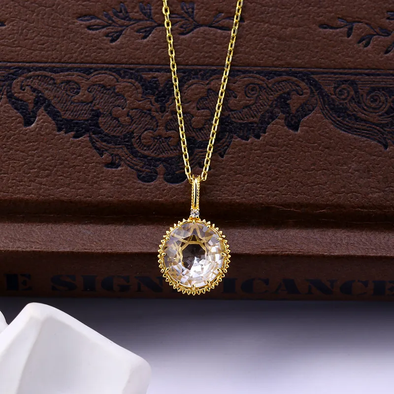 Collier Pendentif en Argent Sterling 925 Plaqué Or 14K Cristal de Roche Naturel Vintage Ajouré Dentelle Bijoux Femme