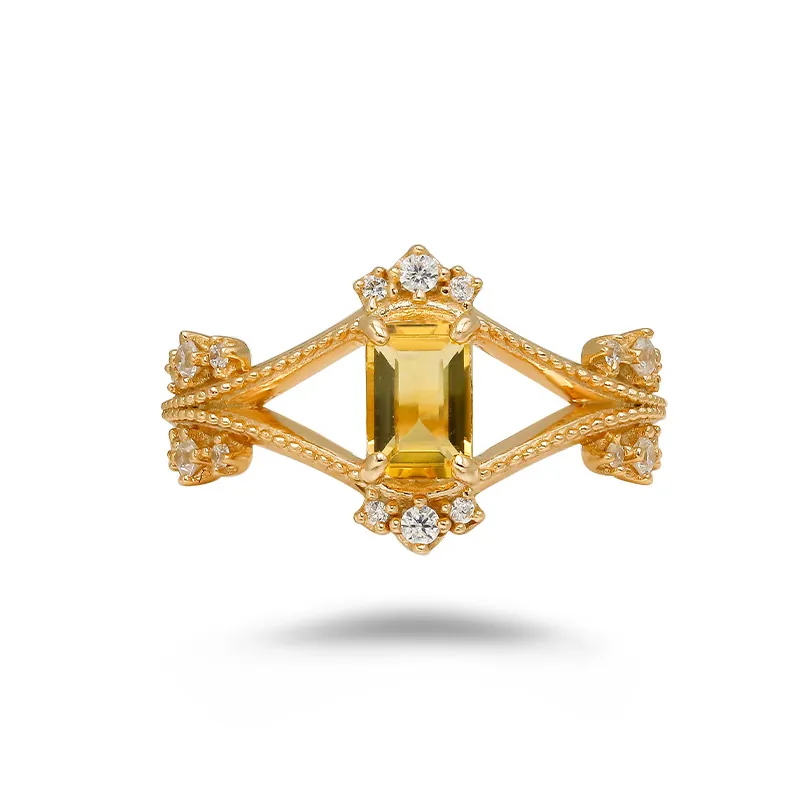 S925 Sterling Silver 14K Gold Plated Citrine Ring Vintage Hollow Geometric Yellow Gemstone Zirconia Rings For Women Jewelry