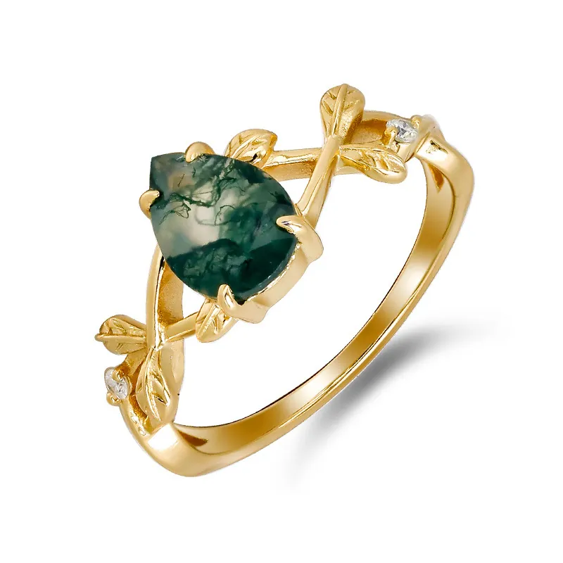 925 Sterling Silver Moss Agate Ring For Women 14K Gold Plated Pear Shaped Green Stone Vine Leaf Design Cubic Zirconia Finger Ring Jewelry
