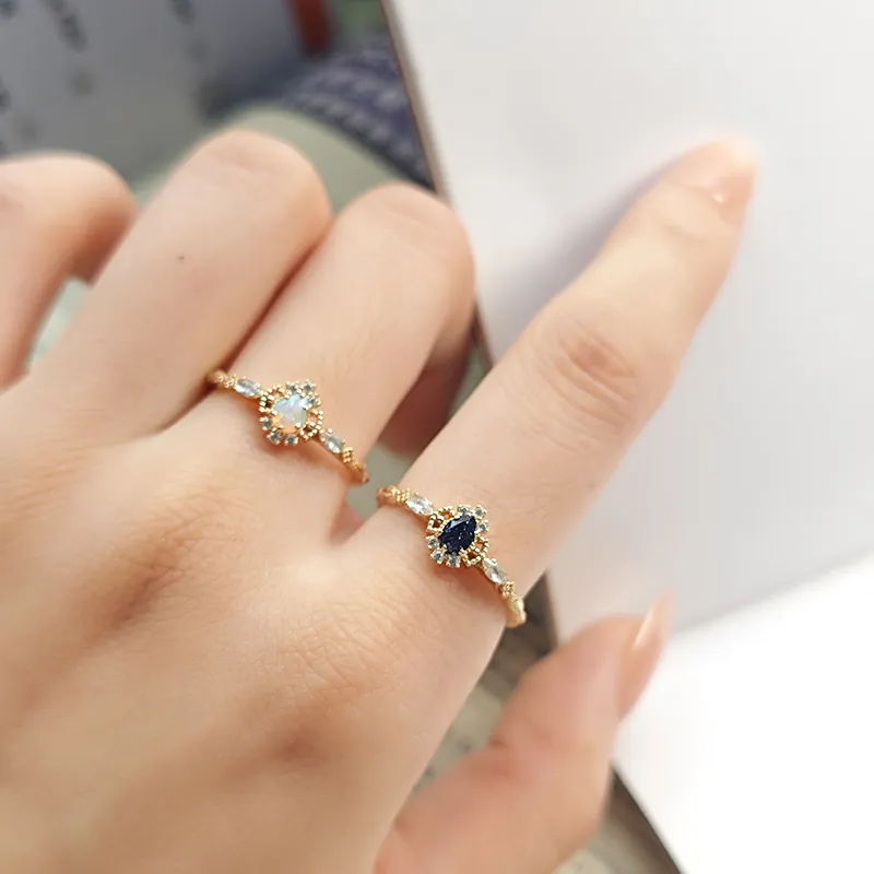 Vintage 925 Sterlingsilber Ring Für Damen Natürlicher Australischer Opal Blauer Goldfluss Wassertropfen Zirkonia Vergoldet Ring