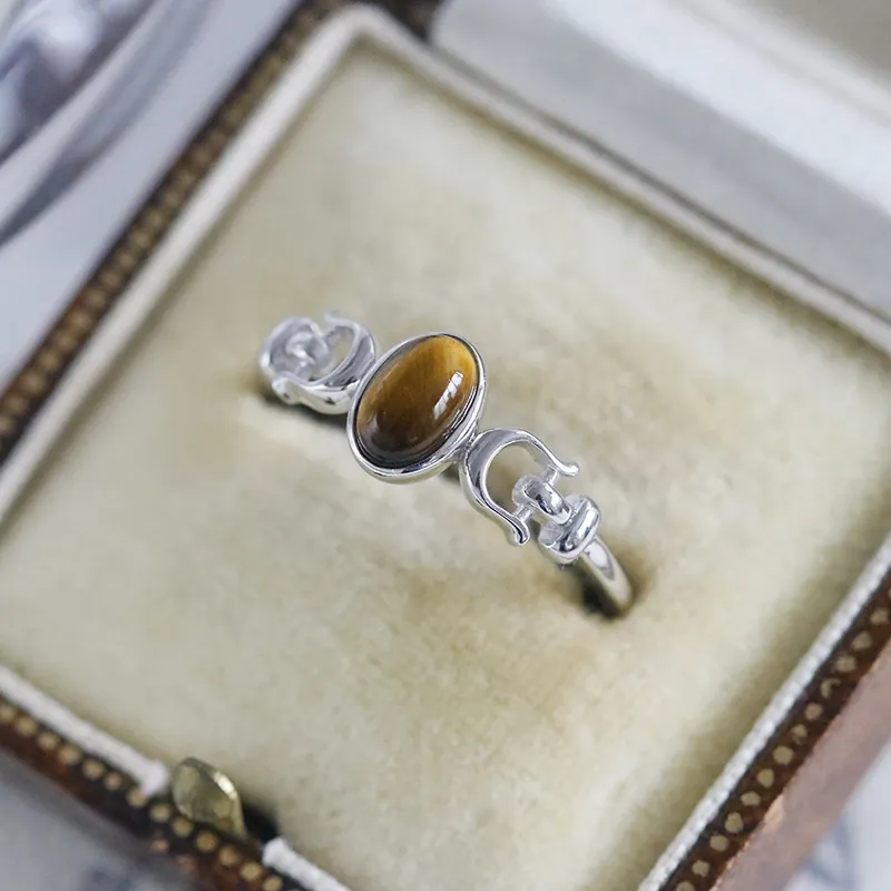 Anillo de Plata de Ley 925 con Piedra de Ojo de Tigre Natural para Mujer Chapado en Oro de 14K Oval Hebilla de Herradura Retro Joyería
