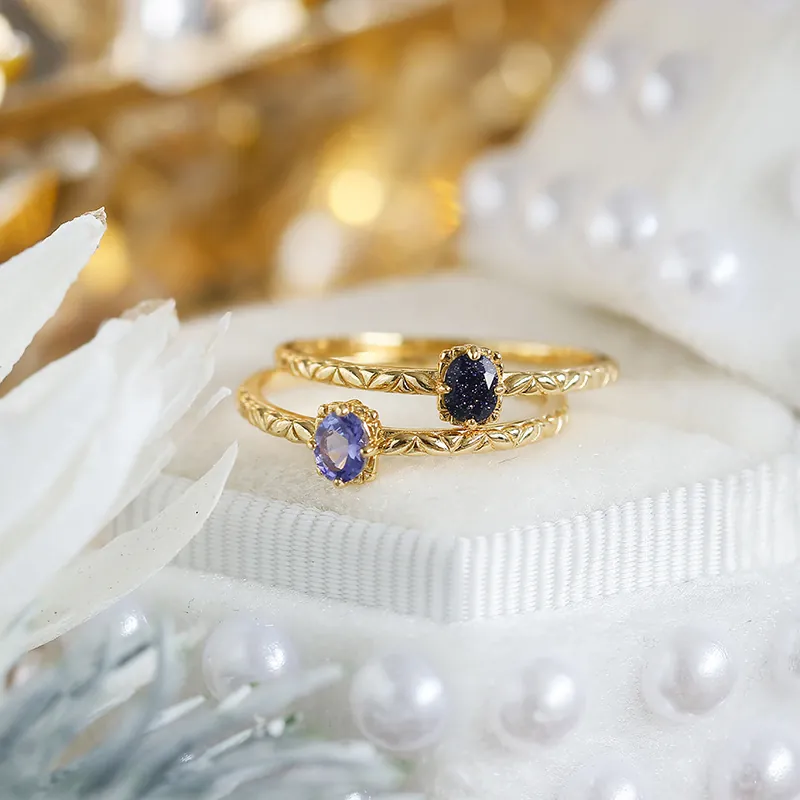 Anello Vintage in Argento Sterling 925 Placcato Oro Pietra Ovale di Tanzanite e Pietra d'Oro Blu Texture a Foglia Gioielli Donna Regalo