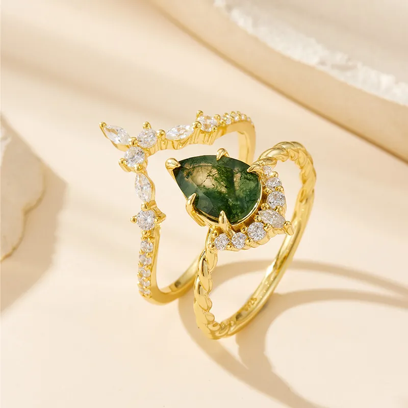 Vintage 925 Sterling Silver Moss Agate Ring Set For Women 14K Gold Plated Pear Cut Green Agate Zirconia Stackable Crown V Ring Jewelry