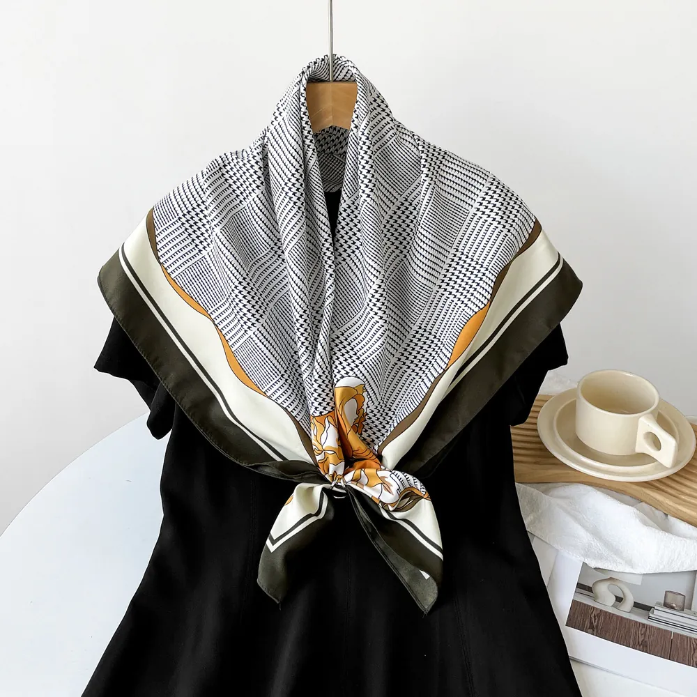 Women Elegant Houndstooth Floral Print Square Scarf Satin Lightweight Shawl Scarf For Daily Office Fashion Accessories