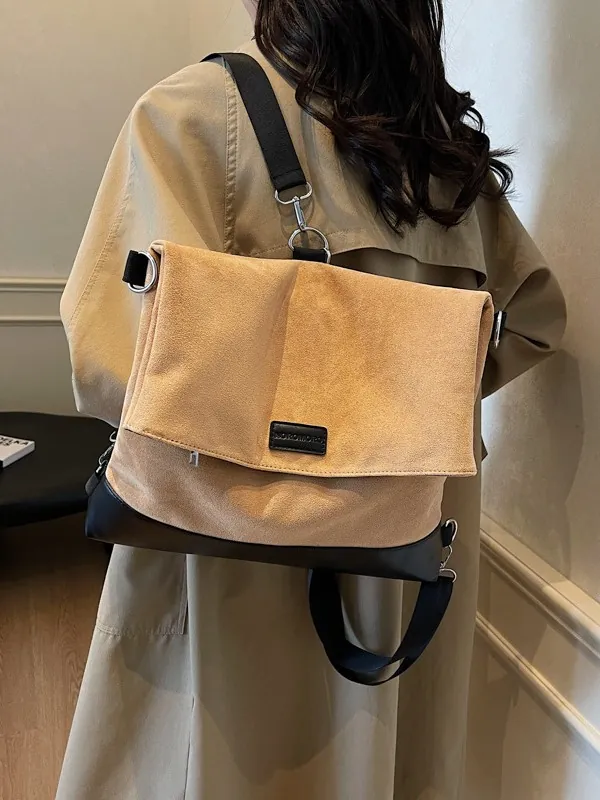 Large Capacity Faux Suede Patchwork Backpack Women Retro Commuter Shoulder Bag Multi Functional Flap Tote Bag Travel Bag