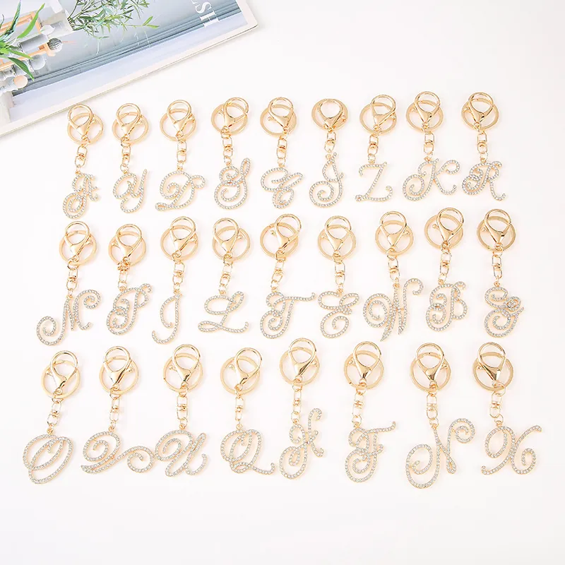 Luxury Gold Plated Alloy Alphabet Letter Keychain With Rhinestones Elegant Script Initials Key Ring Bag Pendant Gift