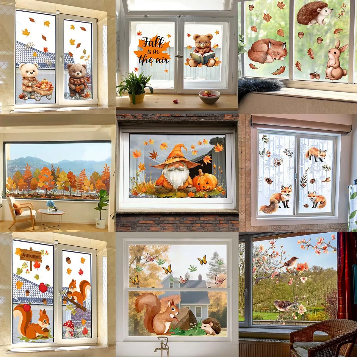 Autumn Static Thanksgiving Window Clings Cartoon Squirrel Fox Maple Leaf Pumpkin Gnome Double Sided Glass Decals Decor