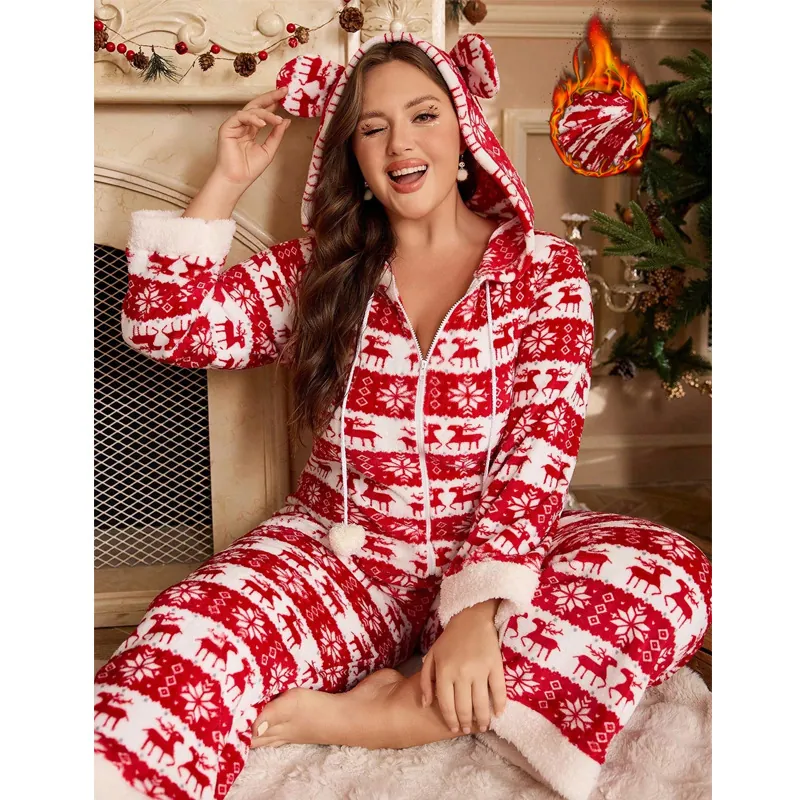 Women Plus Size Christmas Onesie Pajamas Hooded Reindeer Snowflake Print Fleece Warm Romper Home Wear Sleepwear Jumpsuit