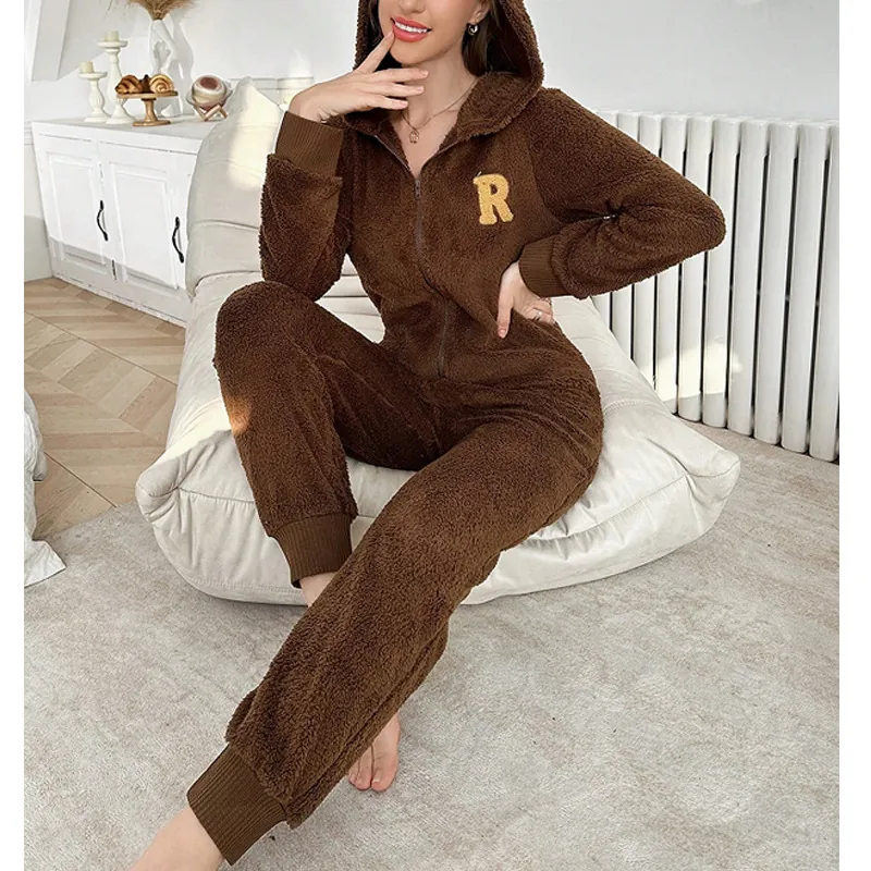 Women Plush Hooded Jumpsuit Loungewear Faux Lamb Wool Fleece Long Sleeve Romper Warm Winter Sleepwear With Zipper And Letter Patch