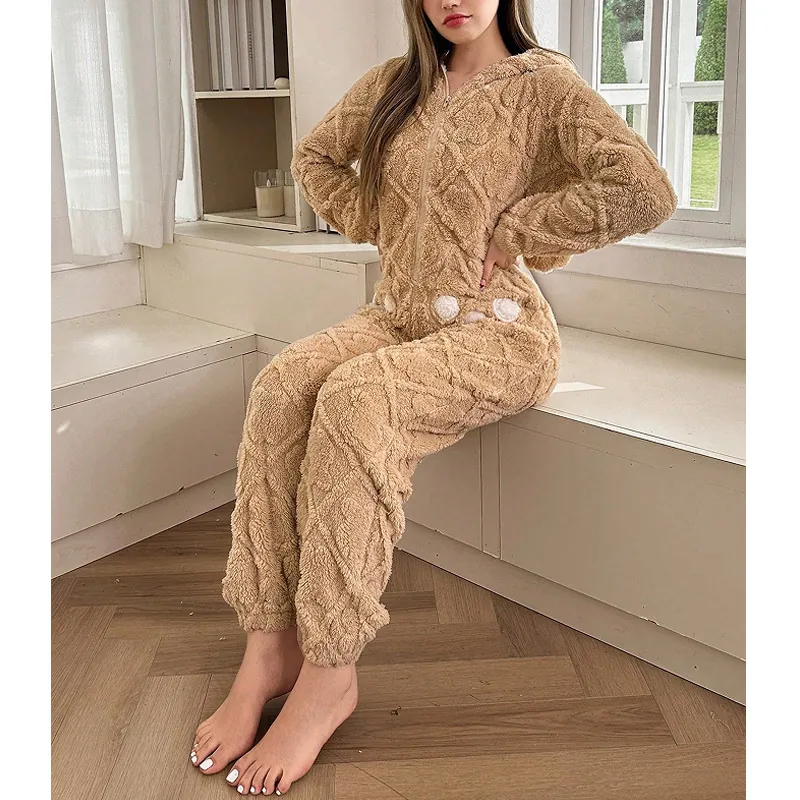 Pyjama Grenouillère en Vison Polaire pour Femmes Hiver Oreilles de Lapin Capuche Zippé Peluche Homewear Losange Chaud