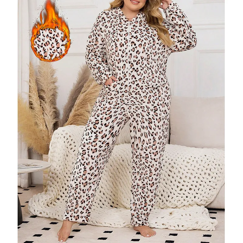 Women Plus Size Leopard Print Hooded Onesie Pajamas Fleece Warm Jumpsuit Sleepwear With Animal Ears Zipper Loungewear