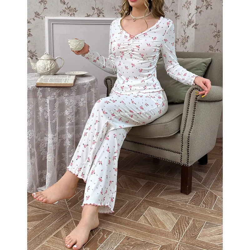 Women Floral Pajama Tops And Pants V-Neck Lettuce Edge Ribbed Long Sleeve Soft Cotton Sleepwear Loungewear Clothing