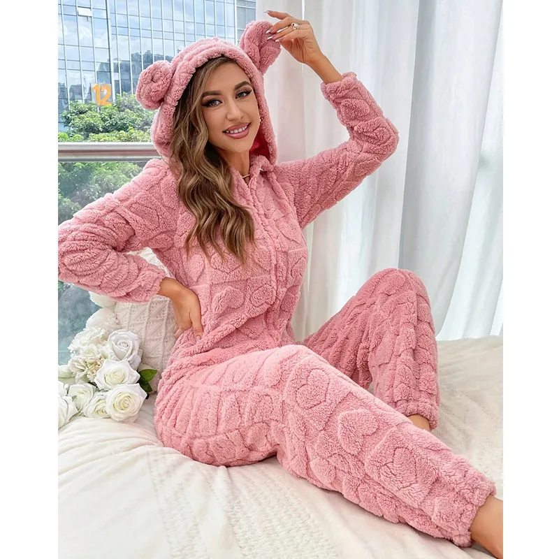 Women Cute Fleece Onesie Pajama Heart Pattern Hooded Loungewear With Bear Ears Warm Winter Jumpsuit Sleepwear