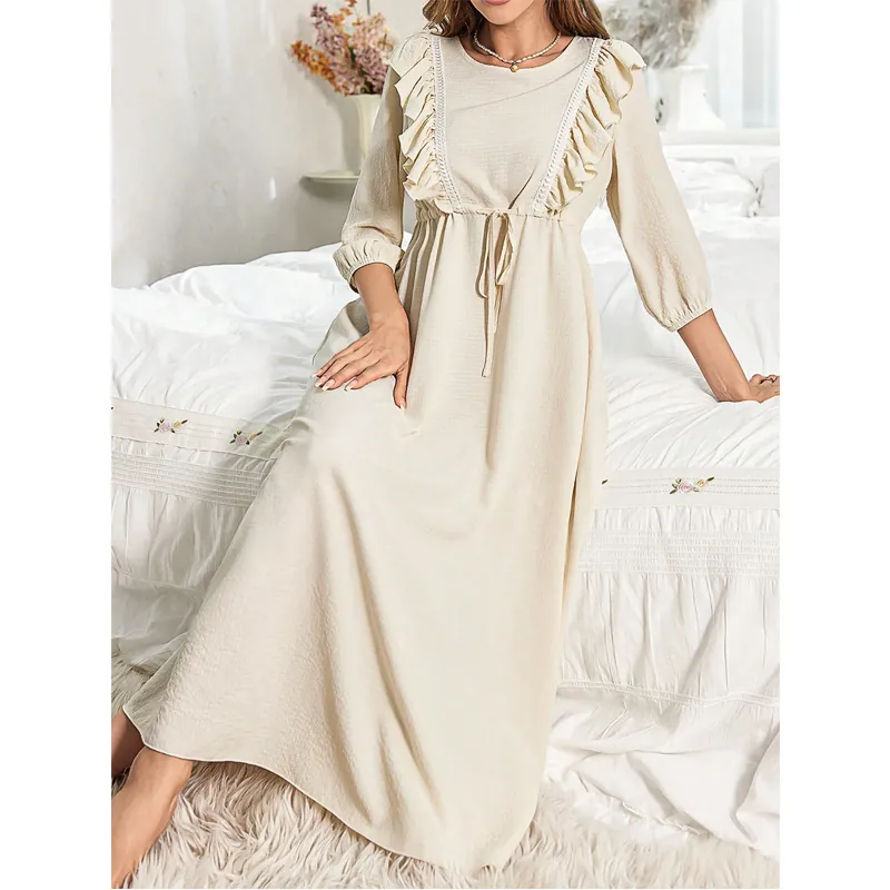 Women Elegant Apricot Long Sleeve Nightgown Ruffle Lace Round Neck Drawstring Waist Maxi Home Dress Comfortable Sleepwear