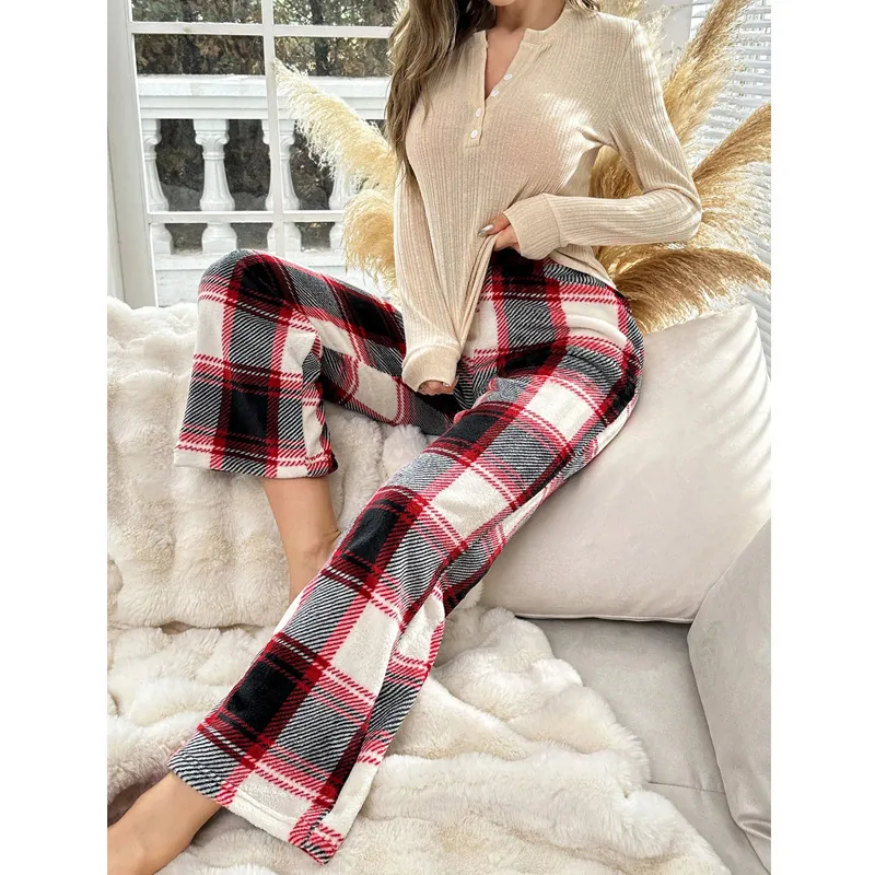 Women Casual Loungewear Plaid Pants And Long Sleeve Henley Top Comfortable Soft Cotton Blend Sleepwear Home Nightwear Suit