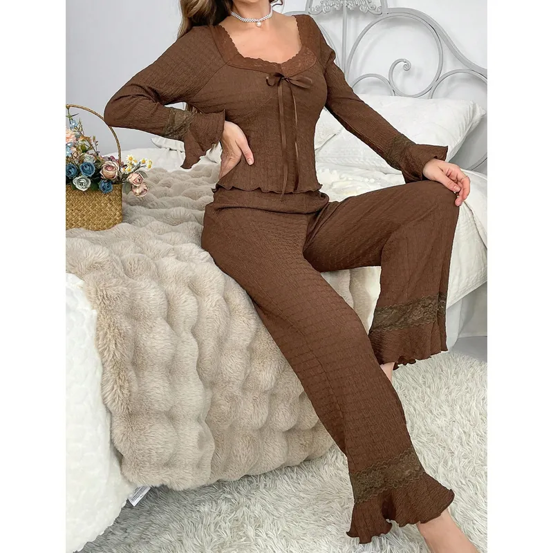 Women Sweet Lace Pajamas Pleated Bow Long Sleeve Top And Bottom Home Wear Comfortable Sleepwear Lounge Wear