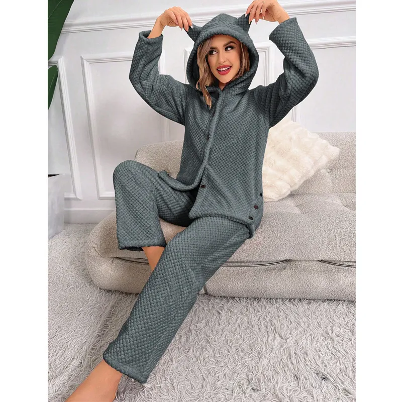 Women Pajama Set Thickened Waffle Texture Hooded Top And Bottom Soft Warm Loungewear For Winter Autumn Sleepwear Homewear