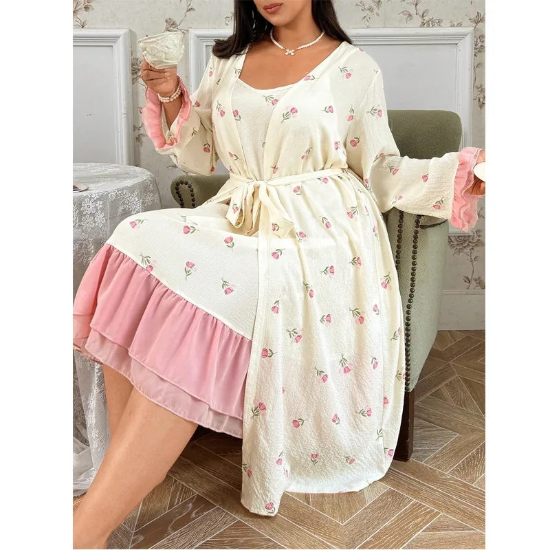 Women Plus Size Floral Pajamas Sweet Ruffle Hem Long Sleeve Robe And Camisole Nightdress Breathable Casual Loungewear