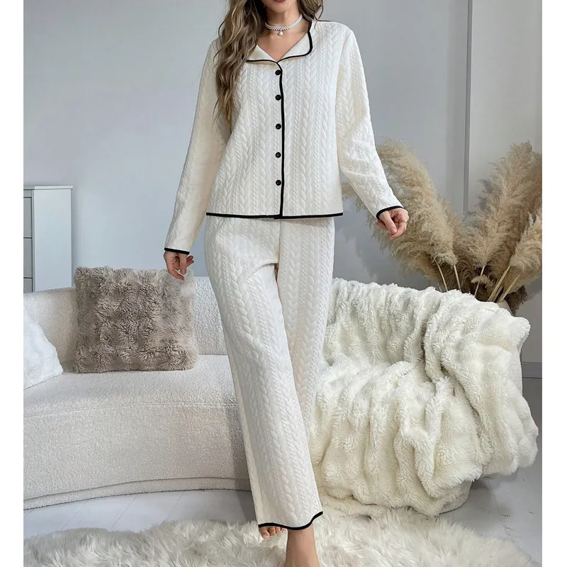 Women Thick Warm Pajama Set Cable Knit Contrast Piping Long Sleeve Top And Bottom Lounge Wear Winter Home Clothing Set