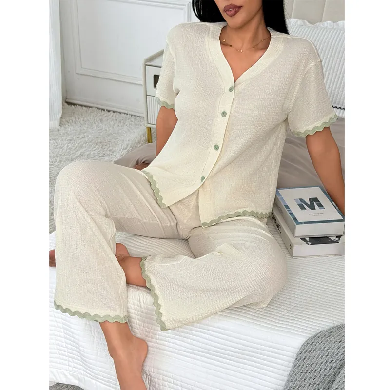 Pyjama Femme avec Bordure Vague Top And Bottom Manches Courtes Col en V Bouton Ensemble Homewear Blanc Crème Gauffré