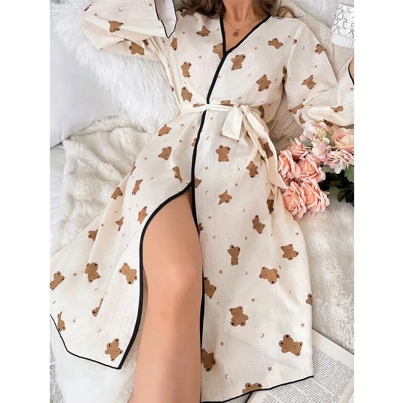 Women Cute Bear Star Moon Print Long Sleeve Robe Cream White Cotton Blend V Neck Nightrobe With Belt And Black Piping