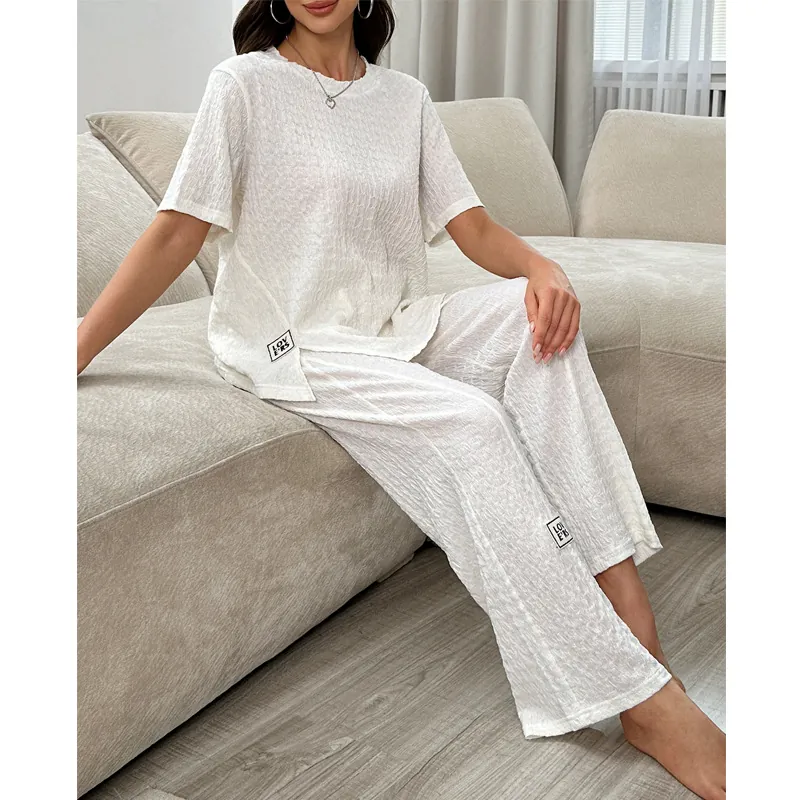 Tenue d'Intérieur Décontractée pour Femmes Texture Froissée Haut à Manches Courtes et Pantalon Large pour Femmes