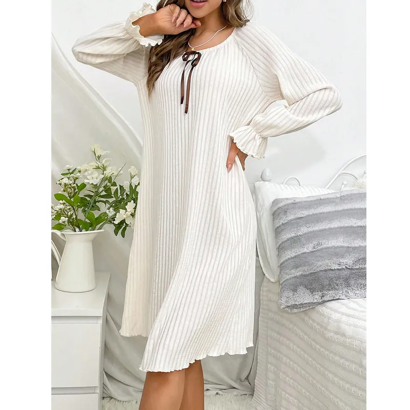 Women Sweet Ribbed Nightgown Long Sleeve Bowknot Ruffle Cuffs Loose Comfortable Sleepwear Home Dress For Spring Autumn