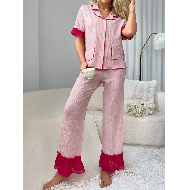 Women Loungewear Top And Bottom Contrast Ruffle Trim Lapel Button Down Pajamas Set Sweet Home Wear Seersucker Texture Sleepwear