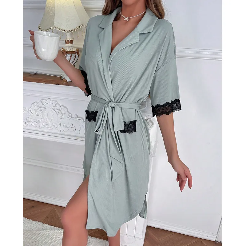 Vestaglia Donna Verde Salvia in Maglia a Costine Con Bordo in Pizzo Revers Scollo a V Abito da Casa Cintura a Fiocco Camicia da Notte