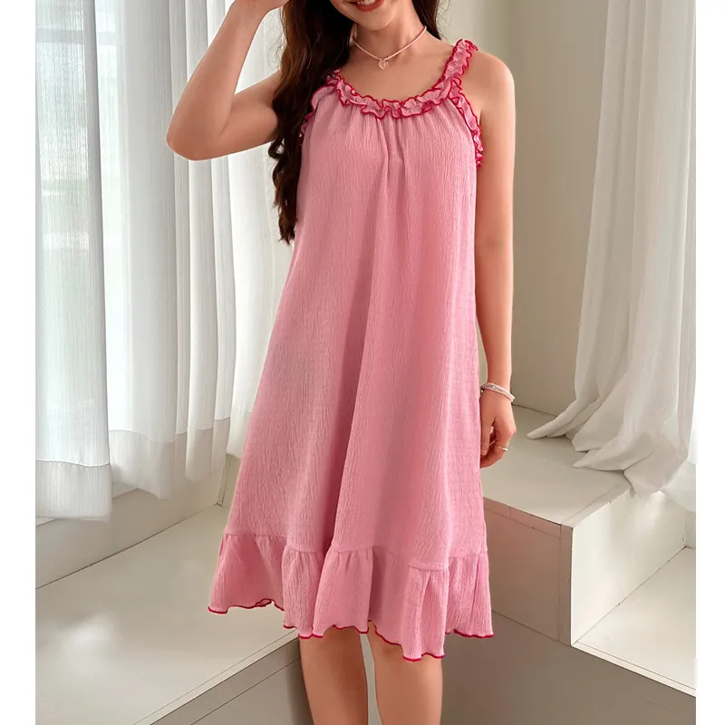 Women Pink Camisole Nightgown Ruffle Hem Pleated Loungewear Sleeveless Summer Sleepwear Dress With Contrast Trim