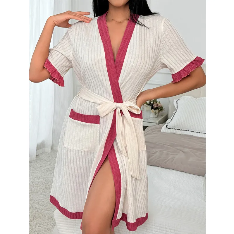 Women Casual V-Neck Short Sleeve Robe Knit Ribbed Contrast Color Loungewear With Belted Ruffle Hem Soft Home Pajama Dress