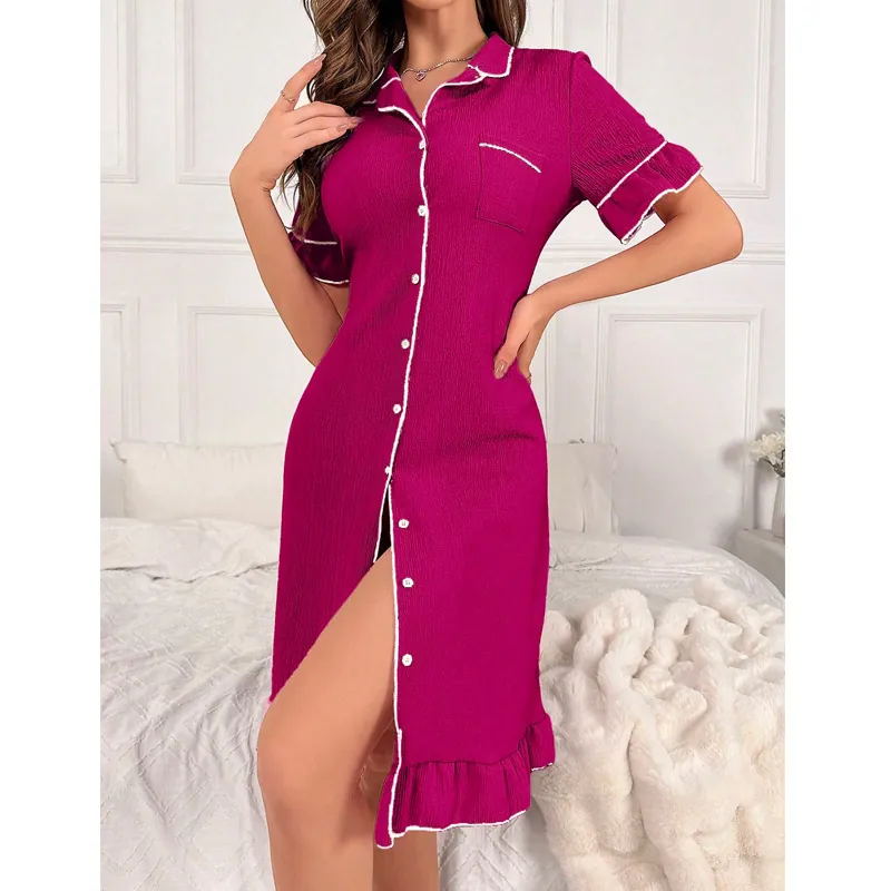 Women's Seersucker Button Down Nightgown Ruffle Hem Contrast Piping Sleep Dress Short Sleeve Loungewear Sweet Lapel Dress