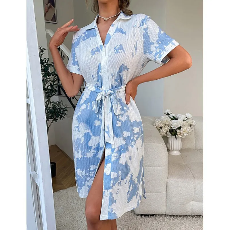 Robe Chemisier en Maille Gauffrée Tie-Dye pour Femmes Revers Manches Courtes Chemise de Nuit avec Ceinture Loungewear