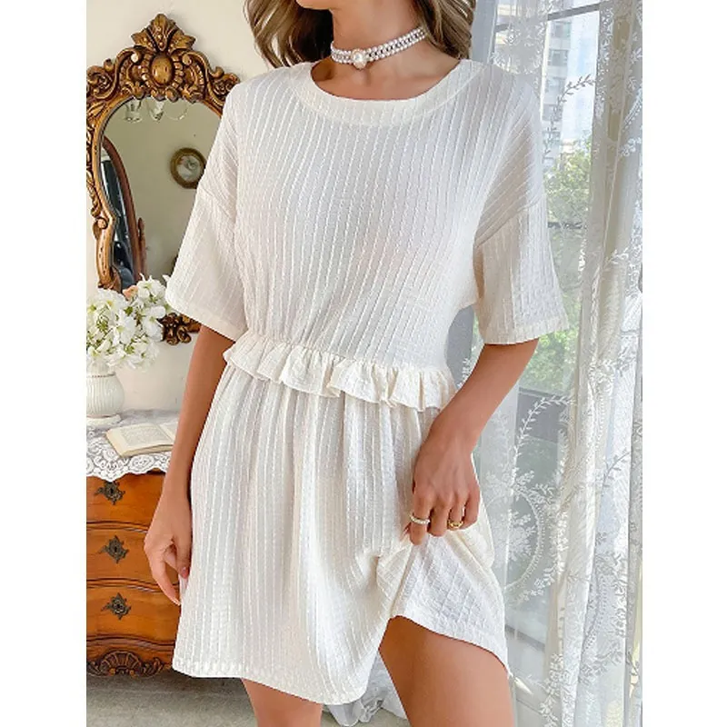 Chemise de Nuit Décontractée pour Femmes Manches Courtes Col Rond Volants à la Taille Robe d'Intérieur Nervurée Vêtement de Nuit Couleur Unie