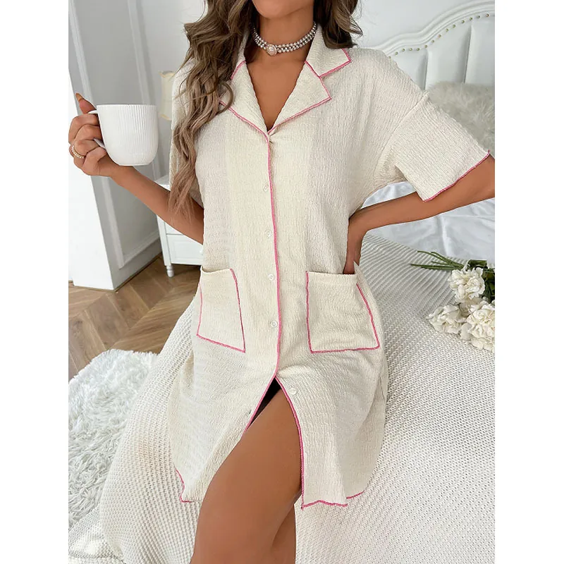 Chemise de Nuit Décontractée à Manches Courtes Pour Femmes Passepoil Contrasté Boutonnée Texture Gaufrée Loungewear
