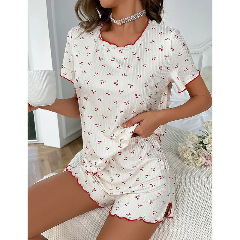 Damen Sommer Kirschdruck Schlafanzug Gerippter Strick Kurzarm Top Und Bottom Süßer Wellenkanten Hausanzug Freizeitoutfit