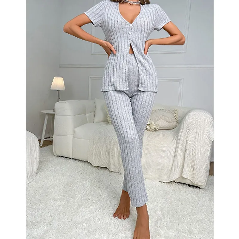 Pyjama Décontracté à Col en V pour Femmes Gris Haut à Manches Courtes et Pantalon Long en Maille Côtelée Vêtements de Nuit pour Femmes