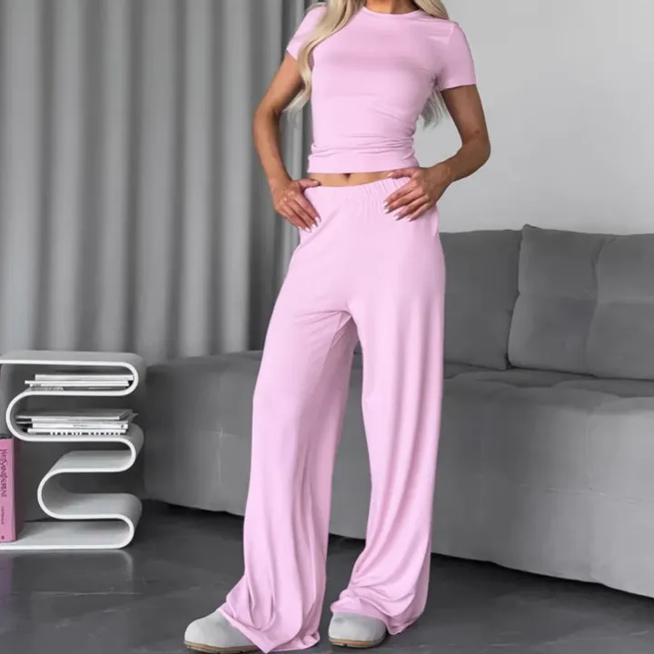 Conjunto de Pijama de Verano para Mujer Seda de Leche de Poliéster Top de Manga Corta y Pantalón Largo Ropa de Dormir Suave