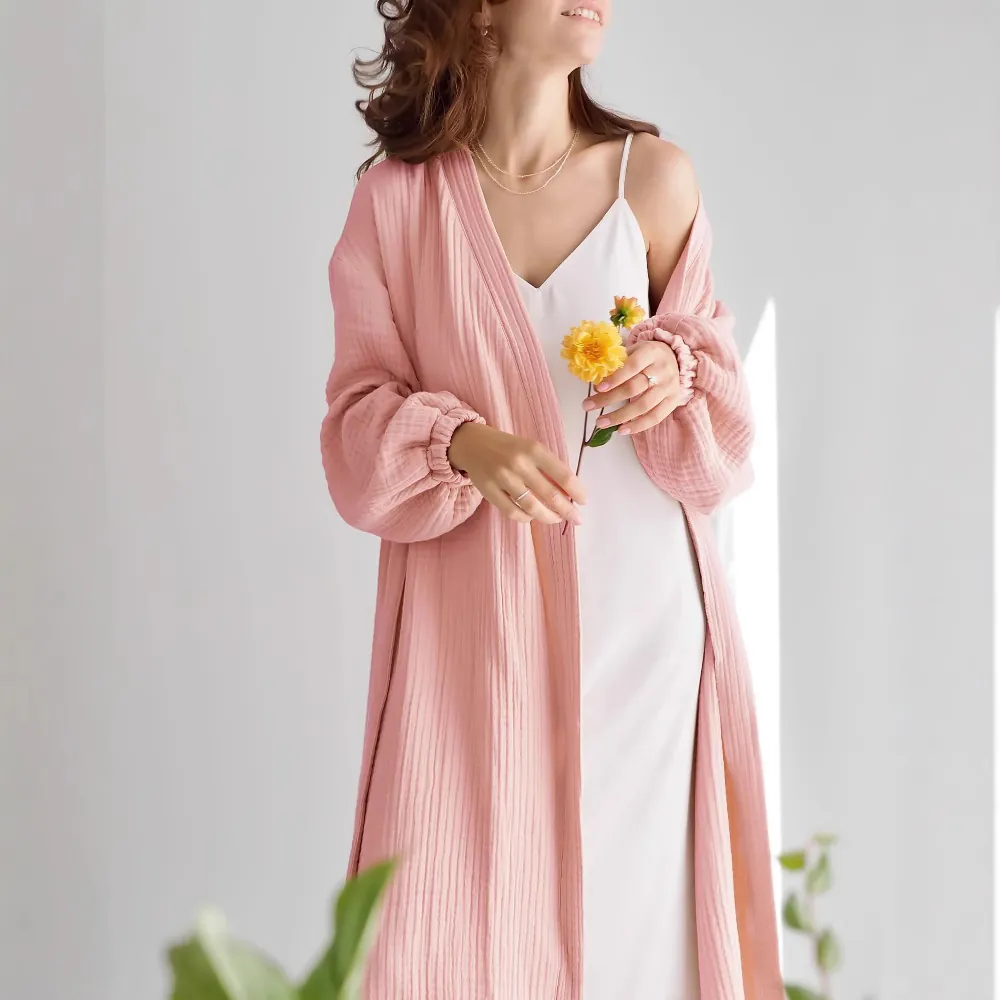 Women Pure Cotton Double Layer Gauze Robe Long Sleeve Soft Breathable Bathrobe Tie Waist Kimono Style Lounge Sleepwear