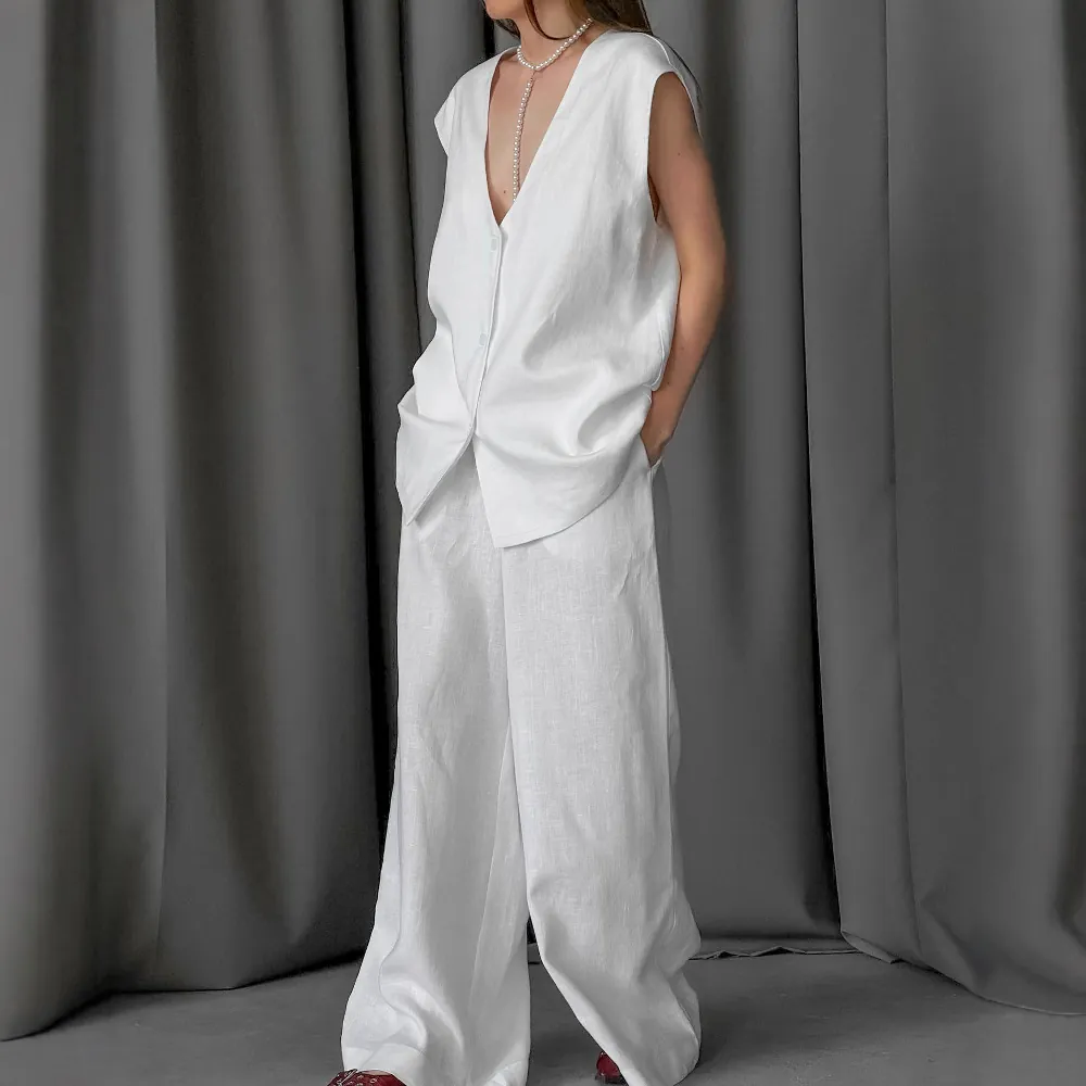 Damen Casual Baumwolle Set Ärmellos V Ausschnitt Knopf Top Und Hohe Taille Weite Hose Homewear Anzug Weiß