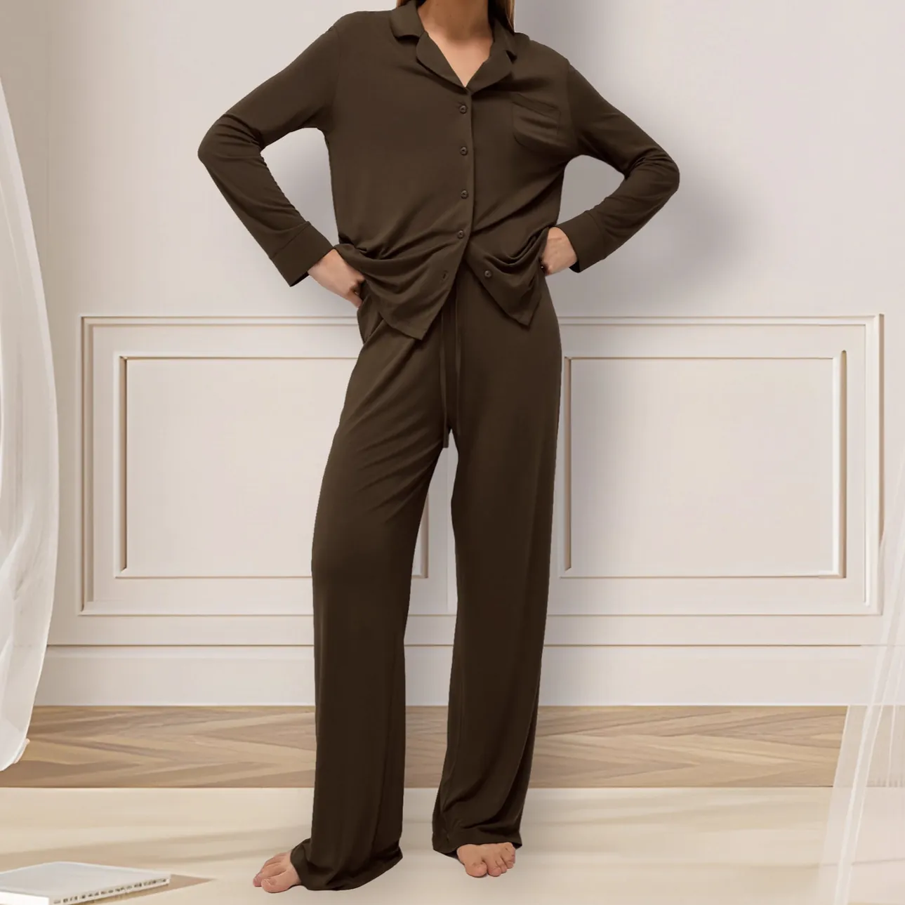 Women's Modal Pajamas Set Long Sleeve Button Down Loungewear Solid Color Soft Sleepwear Set Top And Bottom