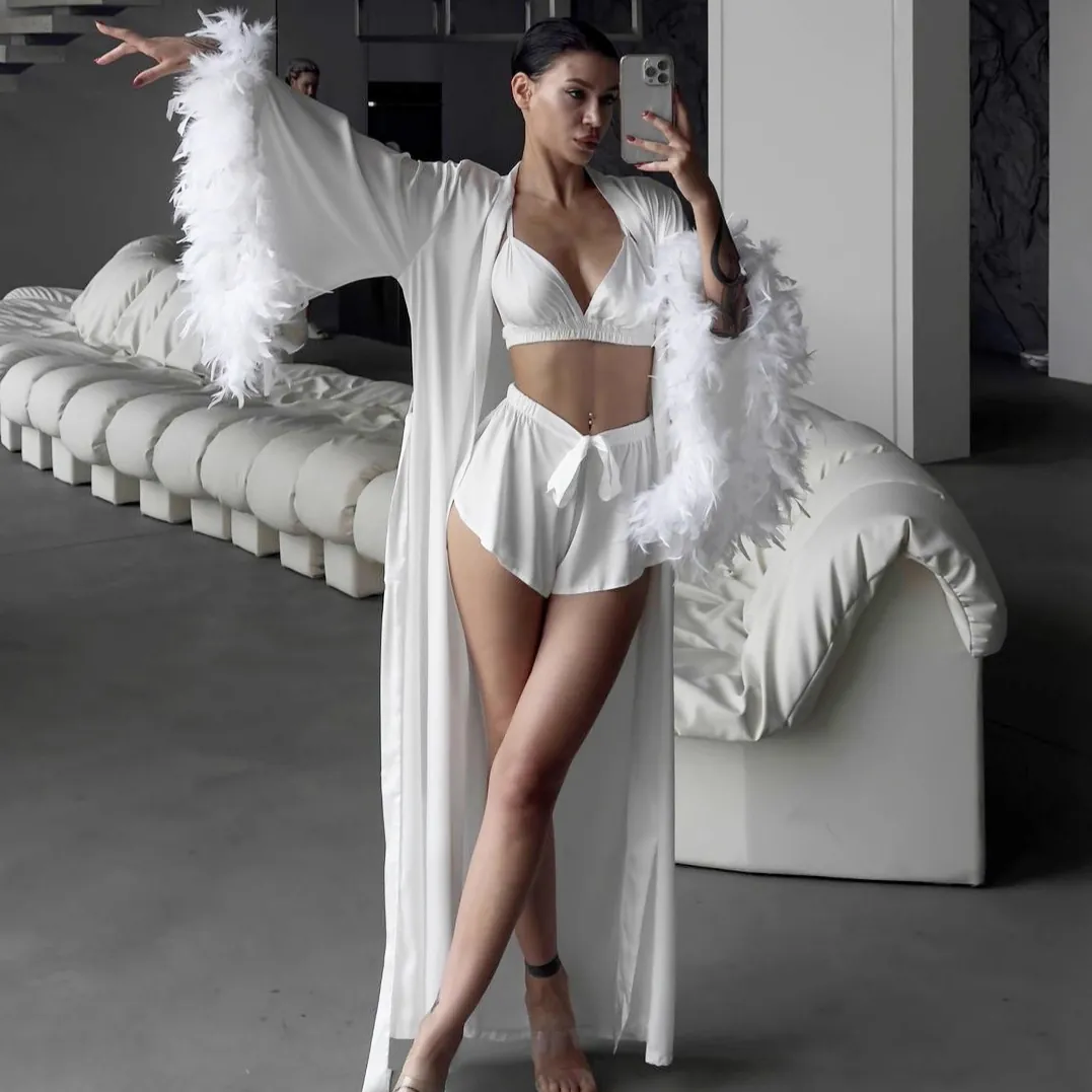 Women Satin Loungewear Robe Camisole And Shorts With Feather Trim Luxurious Sleepwear Nightgown Three Parts Apparel