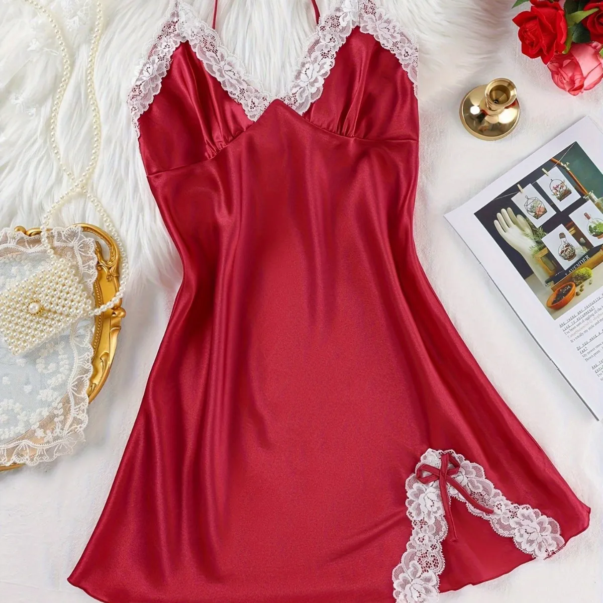 Women Sexy Satin Slip Nightdress With White Lace Trim V-Neck Sleeveless Red Nightgown Home Wear Sleepwear Elegant Babydoll