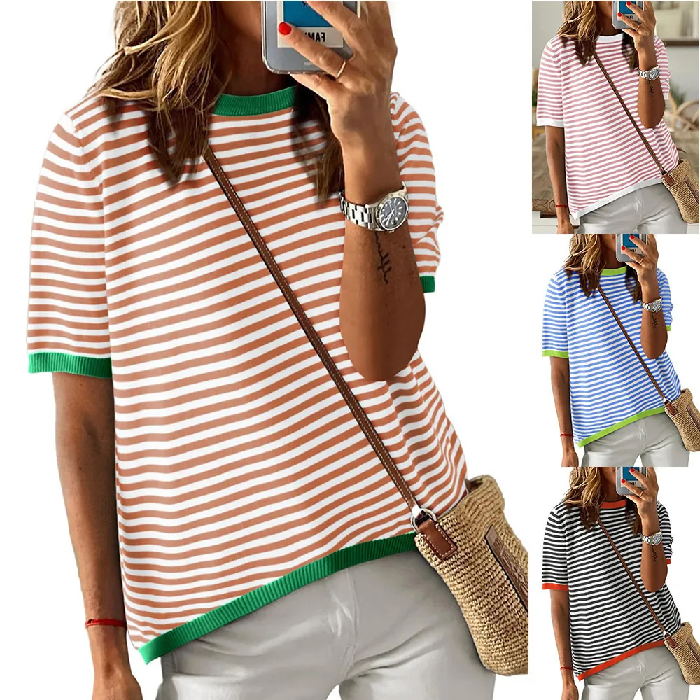 Suéter de Punto a Rayas para Mujer Manga Corta Ribete de Contraste Cuello Redondo Pulóver Casual Punto Top de Verano