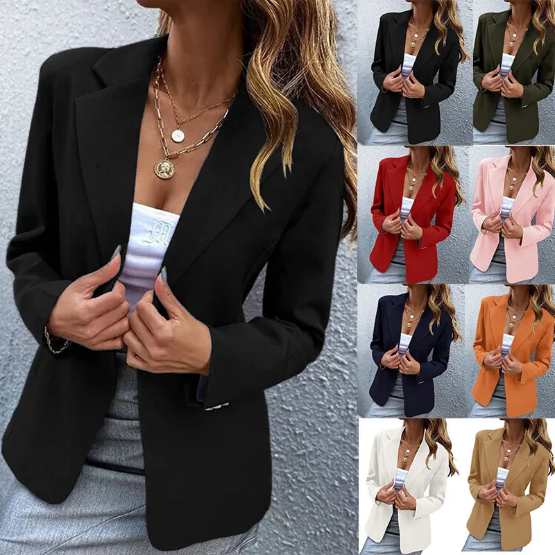 Women Slim Fit Blazer Jacket Notched Lapel Single Button Long Sleeve Solid Color Office Commute Elegant Casual Suit Outerwear Top