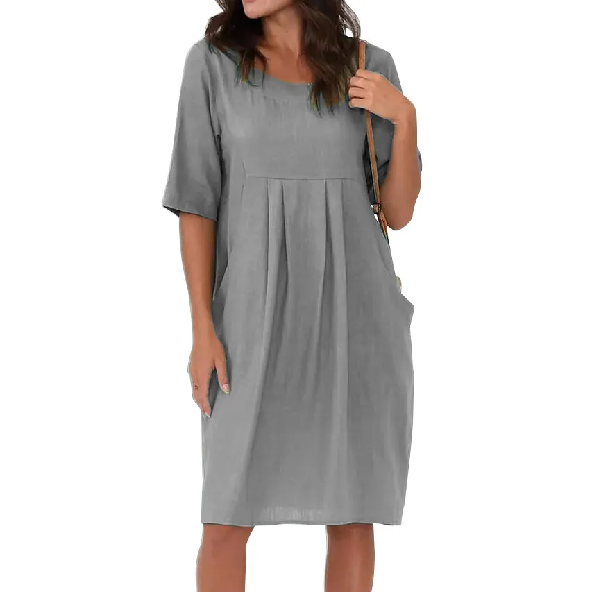 Women Casual Loose Round Neck Half Sleeve Midi Dress With Pleated Pockets Solid Color Polyester Relaxed Fit Soft Summer Dress