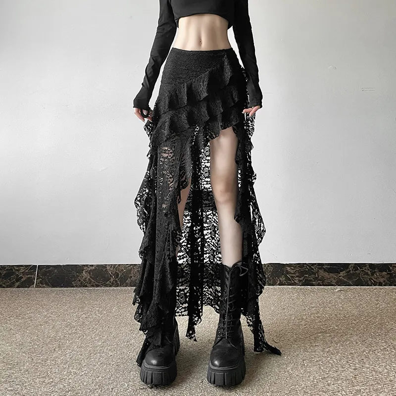 Sexy Gothic Black Lace Asymmetrical Skirt Women Tiered Ruffle Hollow Out Long Mesh High Waist Steampunk A-Line Skirt