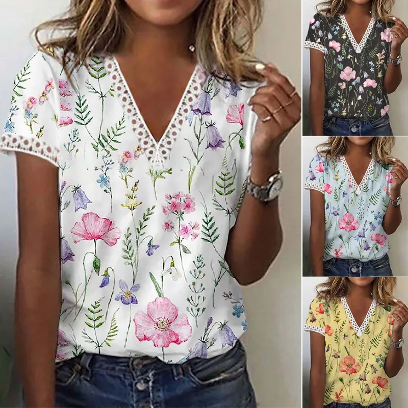 Summer Women Floral V-Neck Short Sleeve T-Shirt Casual Hollow Lace Splicing Printed Slim Fit Mid-Length Top