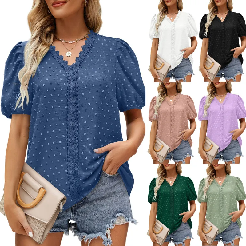 Camicetta da Donna Estiva Casual Scollo a V Patchwork di Pizzo Swiss Dot Top Maniche a Sbuffo Corte Elegante Pullover